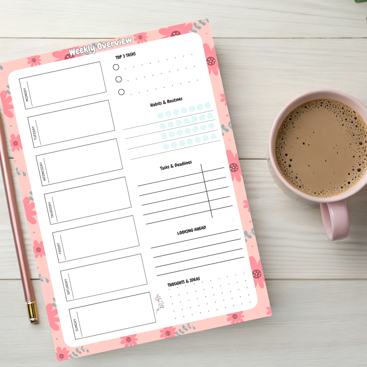 Spring floral Weekly Planner Notepad with coffee